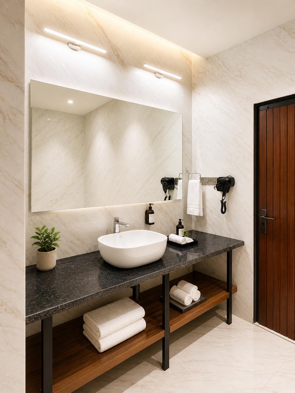 Luxury marble bathroom vanity at Tiraya — black granite counter, vessel sink, large mirror